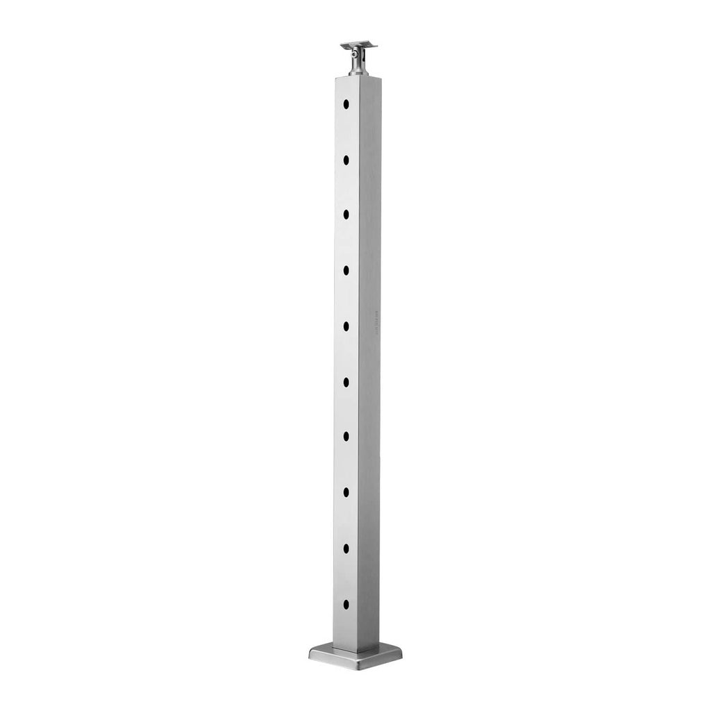 Silver pre-drilled cable railing post with base, tall rectangular steel post with holes