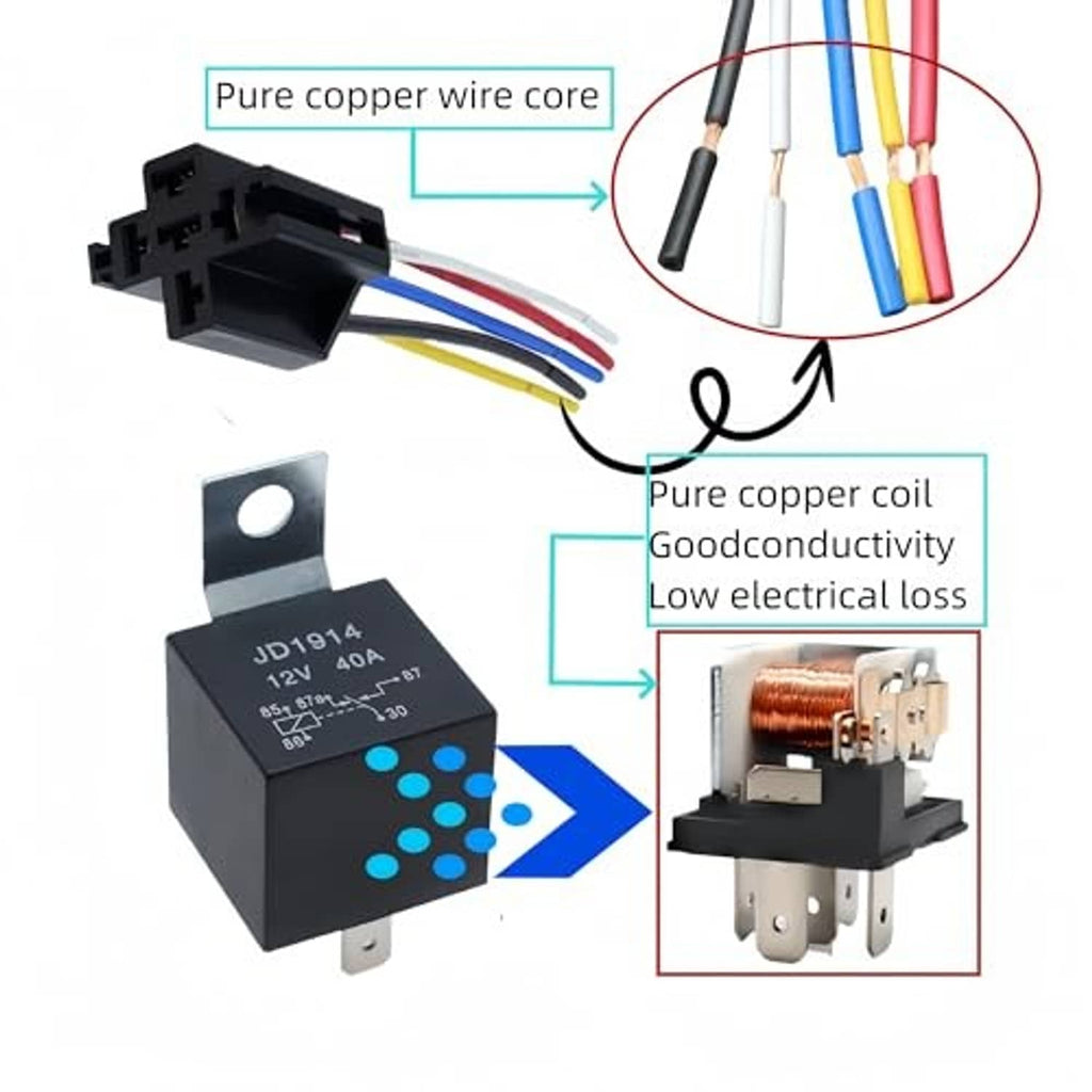 Black relay and wiring harness showing copper coil and multi-color wire terminations