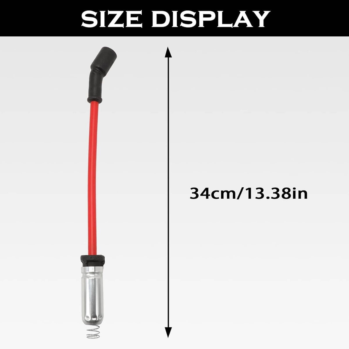 Spark plug wire length shown: red cable with black boot and clear metal connector.
