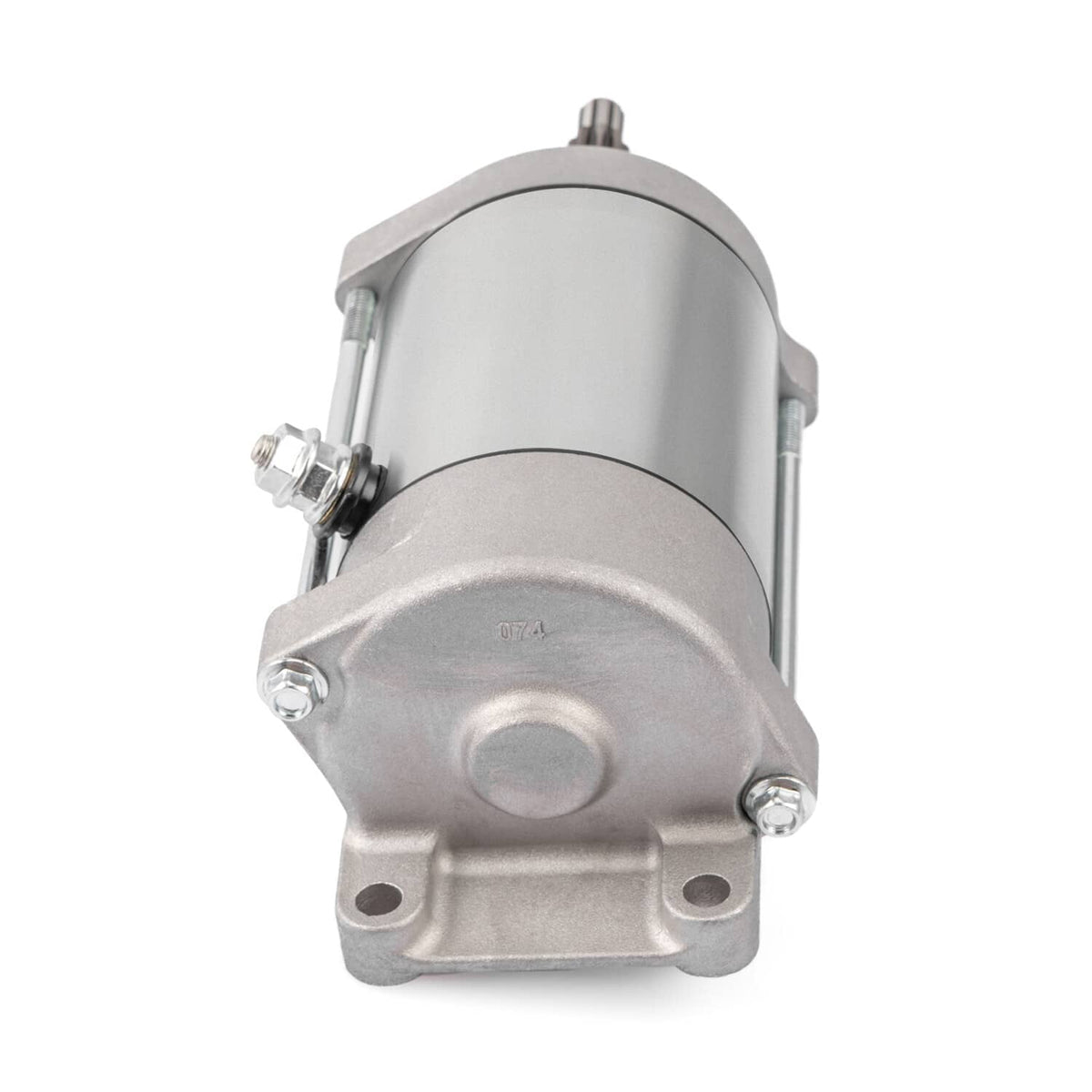 Metal starter motor with cylindrical body and pinion gear shaft, silver-gray