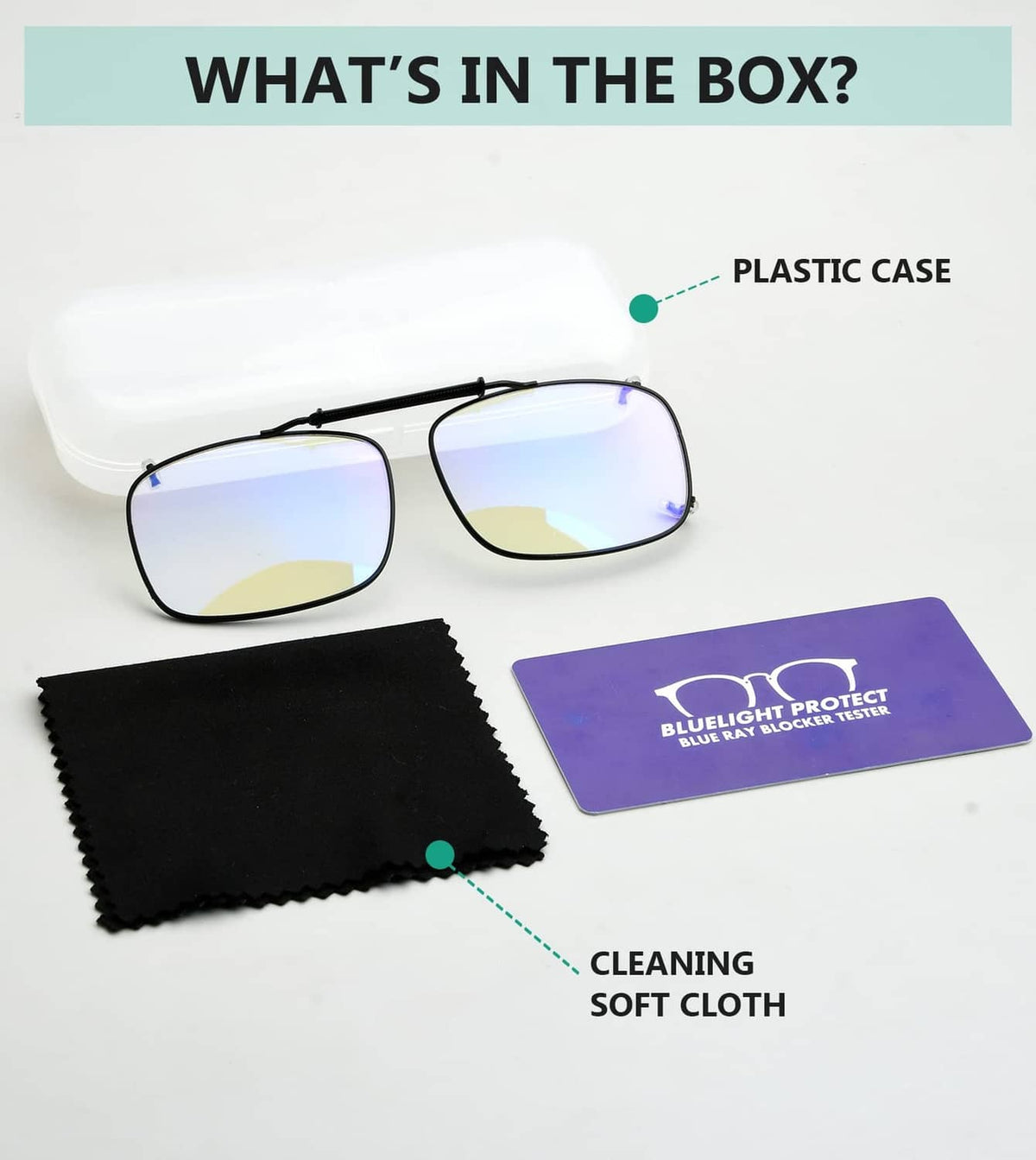 Clip-on blue light blocking glasses set with plastic case, cleaning cloth, and protect card