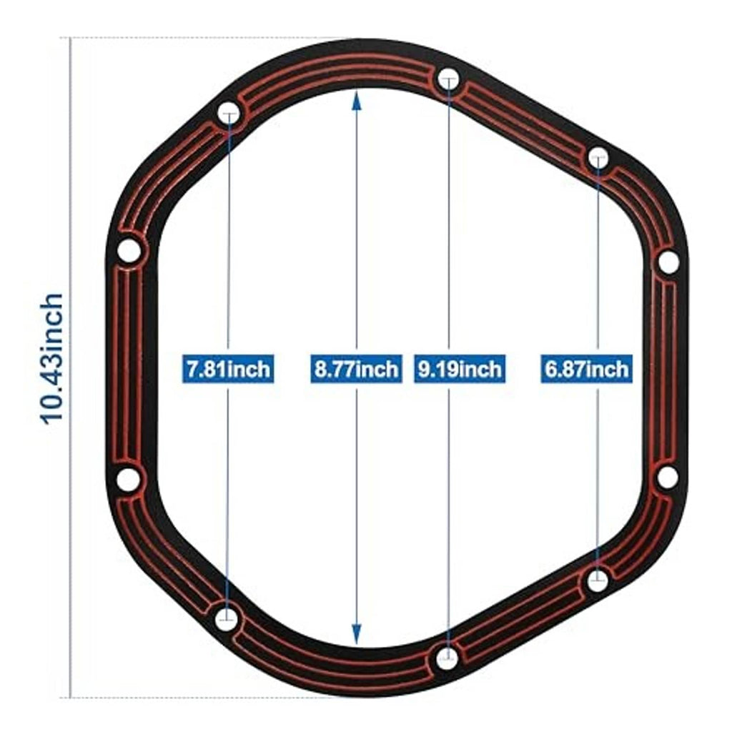 Differential cover gasket with red-striped edge, bolt holes, and shown measurements