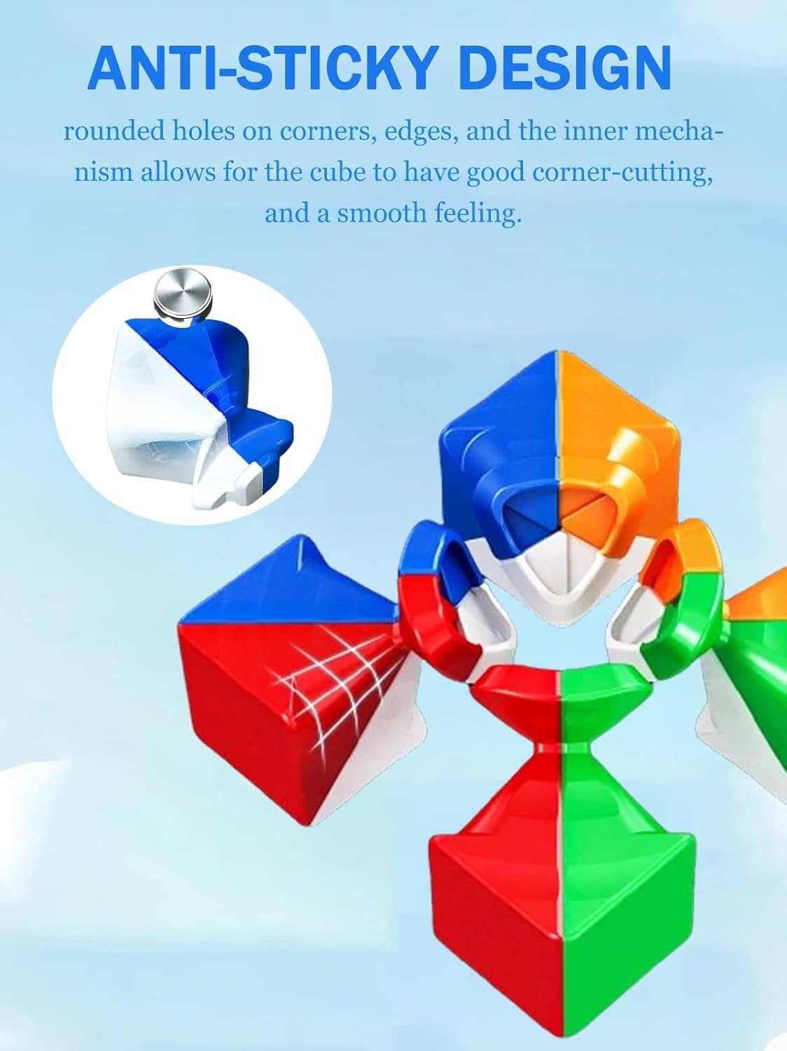 Colorful 3x3 speed cubes highlighting rounded corner edges, blue and red pieces