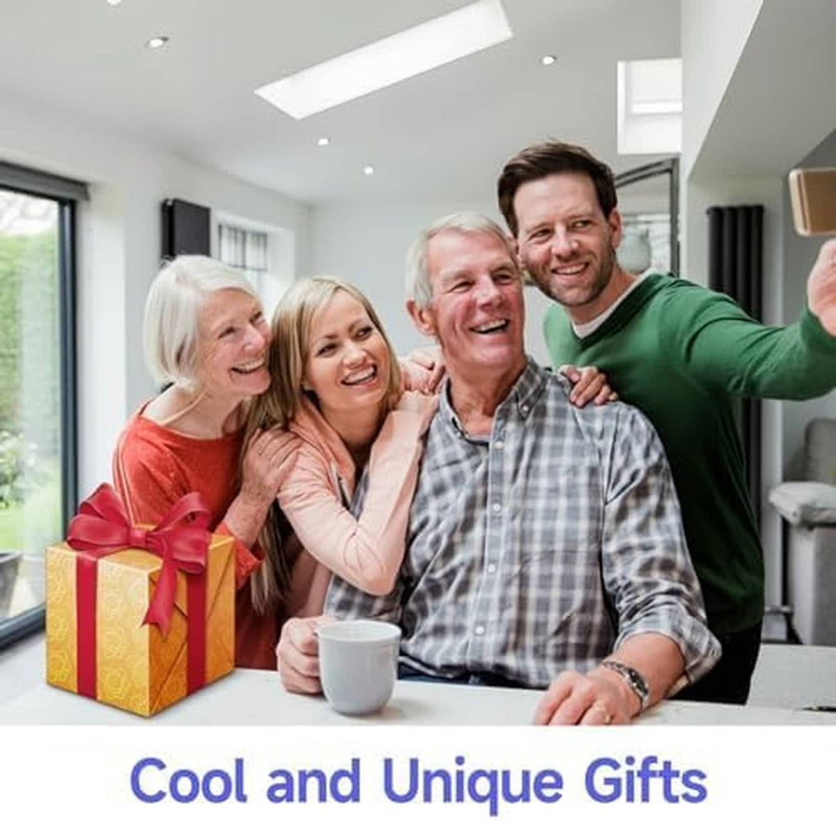 Gift-themed promotional image with smiling family and gift box for massage gun