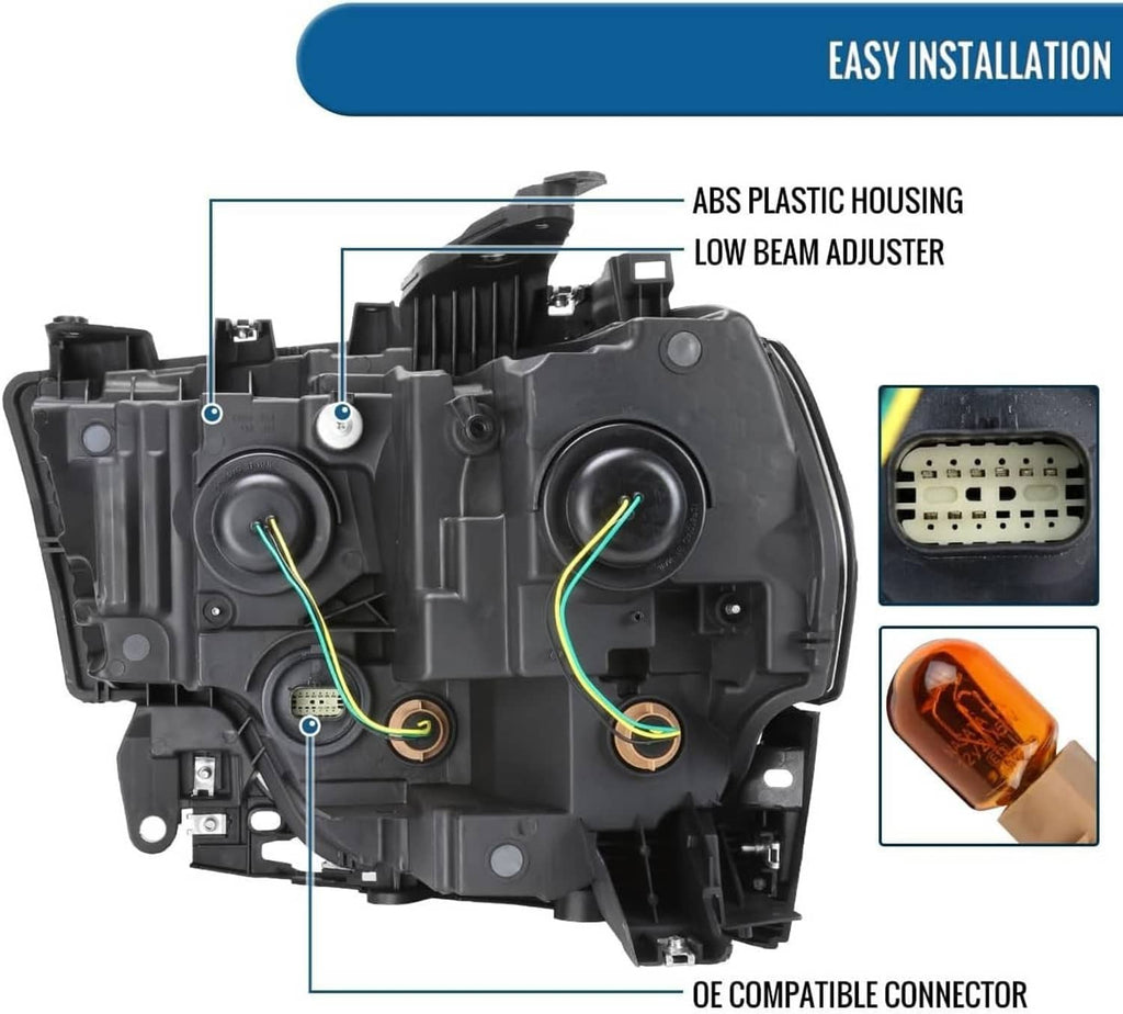 Headlight assembly rear connector view with ABS plastic housing and low-beam adjuster