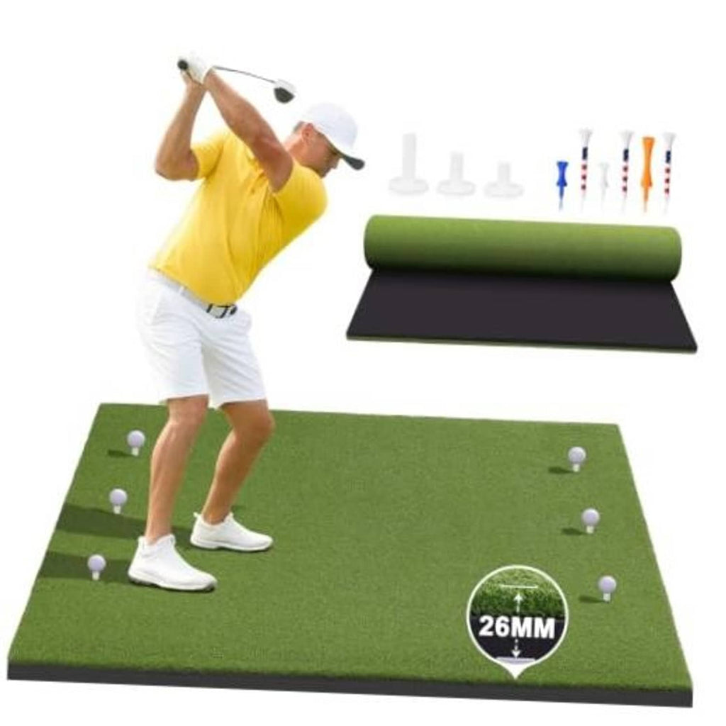 Green golf hitting mat with practice area, ball tees, and 26mm turf depth marker.