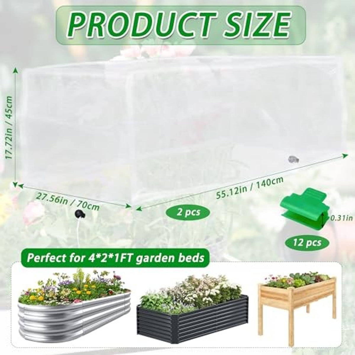 Raised bed garden netting covers, clear mesh set size for 4x2 ft beds, 2 pcs