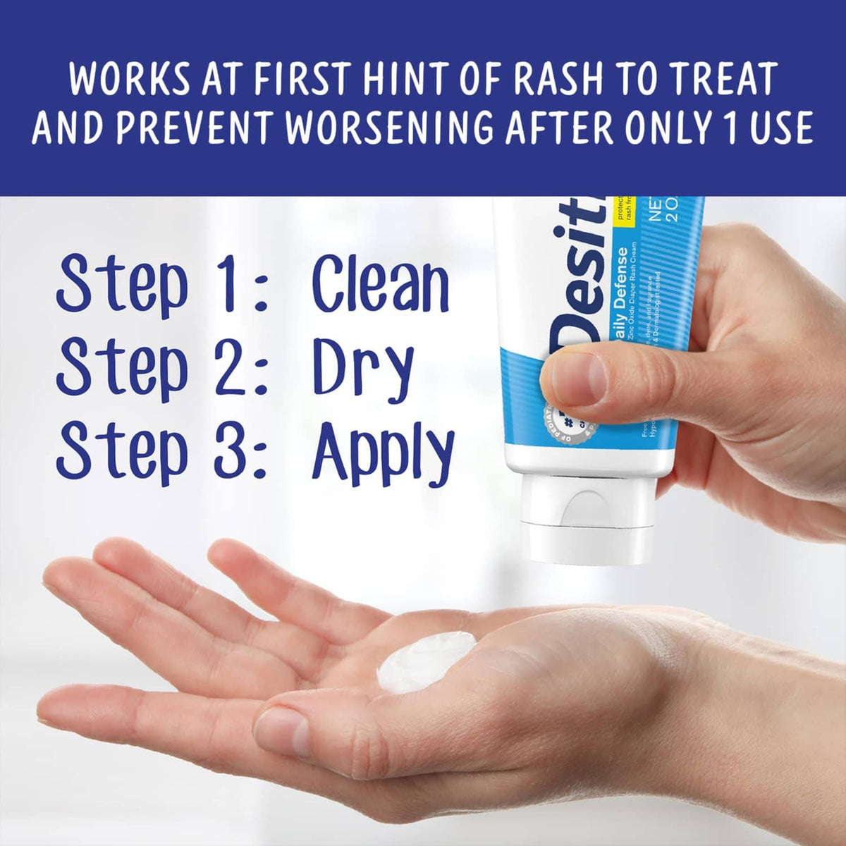 Desitin Daily Defense cream tube being applied during step-by-step use