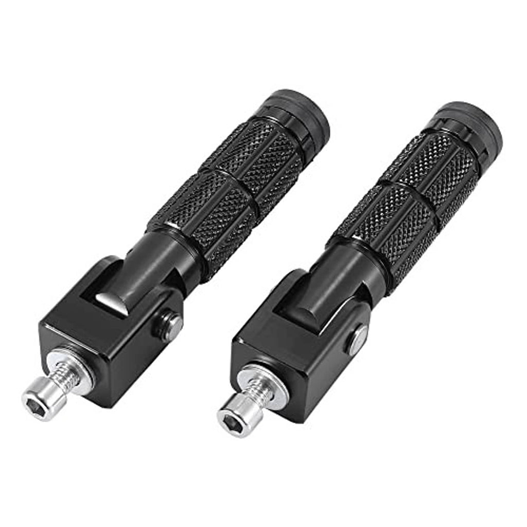 Pair of black motorcycle folding rearset pegs with textured foot grips
