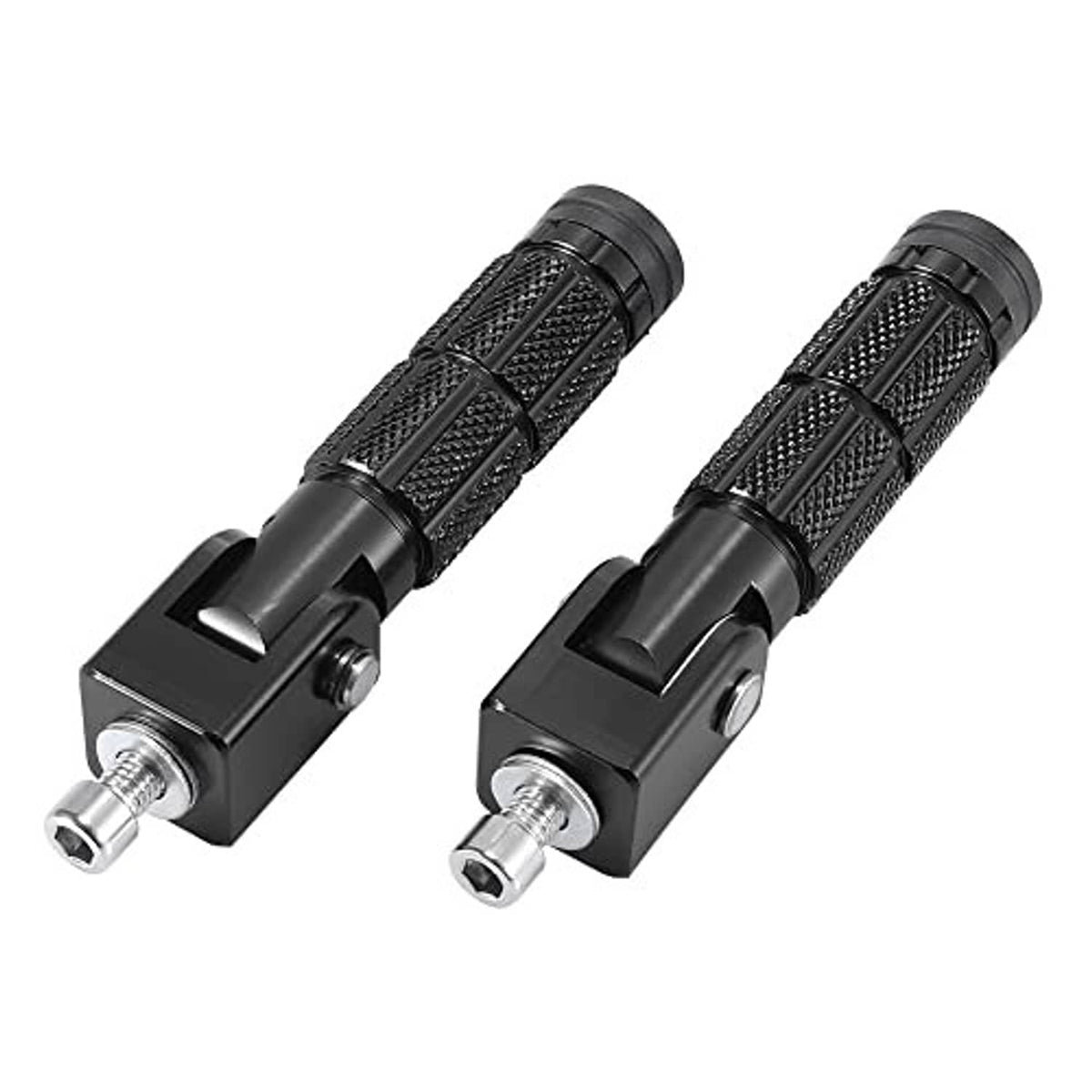 Pair of black motorcycle folding rearset pegs with textured foot grips