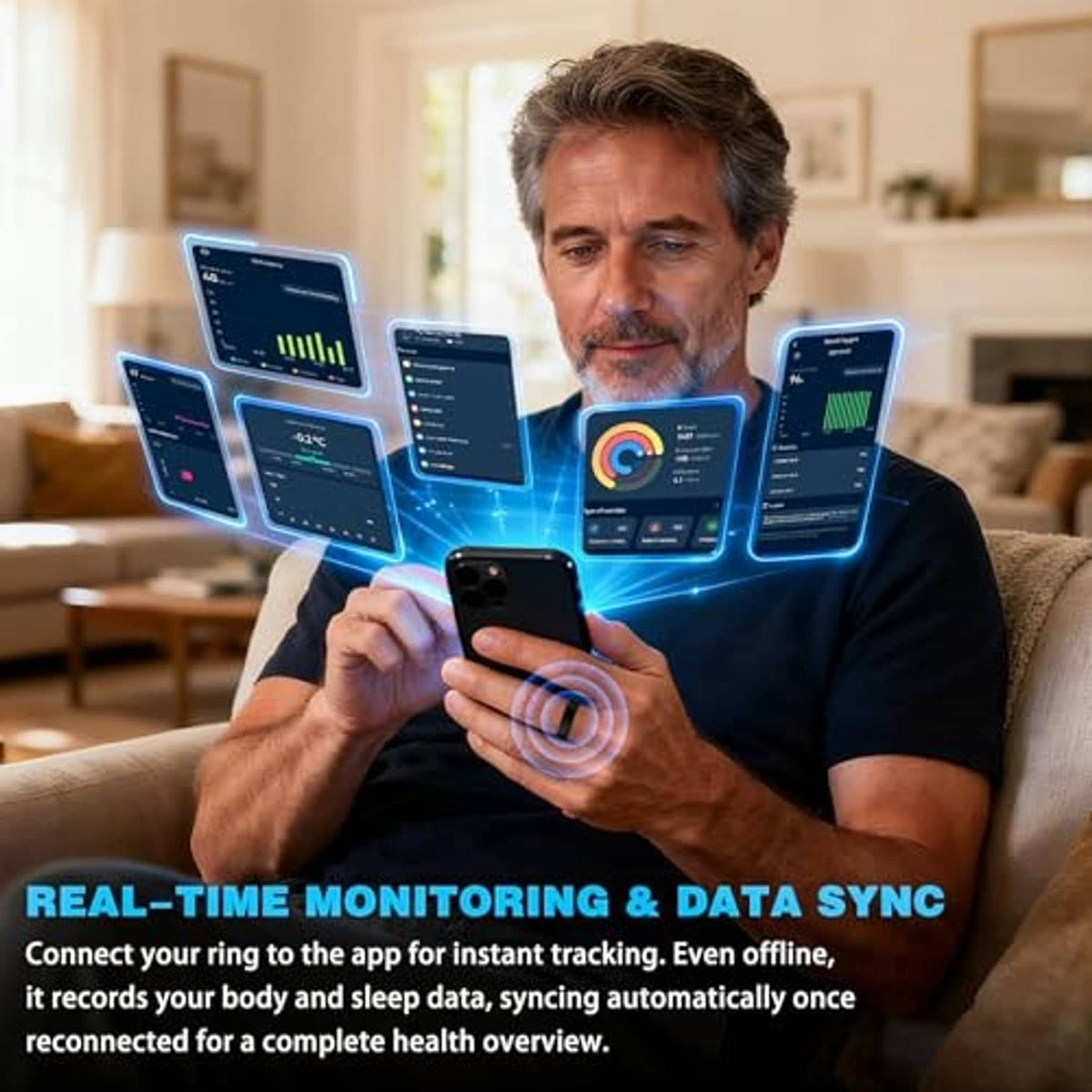Black smart ring on a finger while holding a smartphone with health data synced.