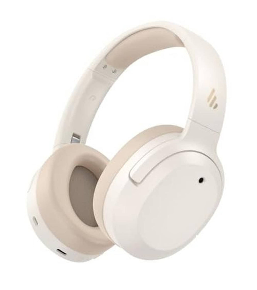 Ivory over-ear noise-cancelling headphones, side profile with control buttons.