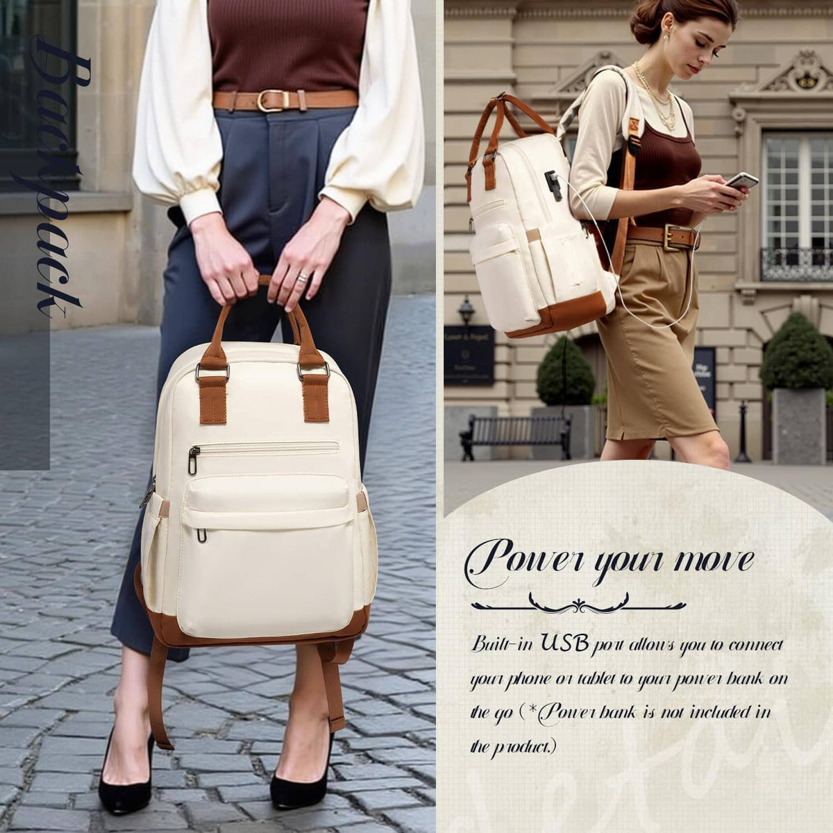 Model carrying the cream tan-trim backpack alongside a standing cream spinner suitcase.