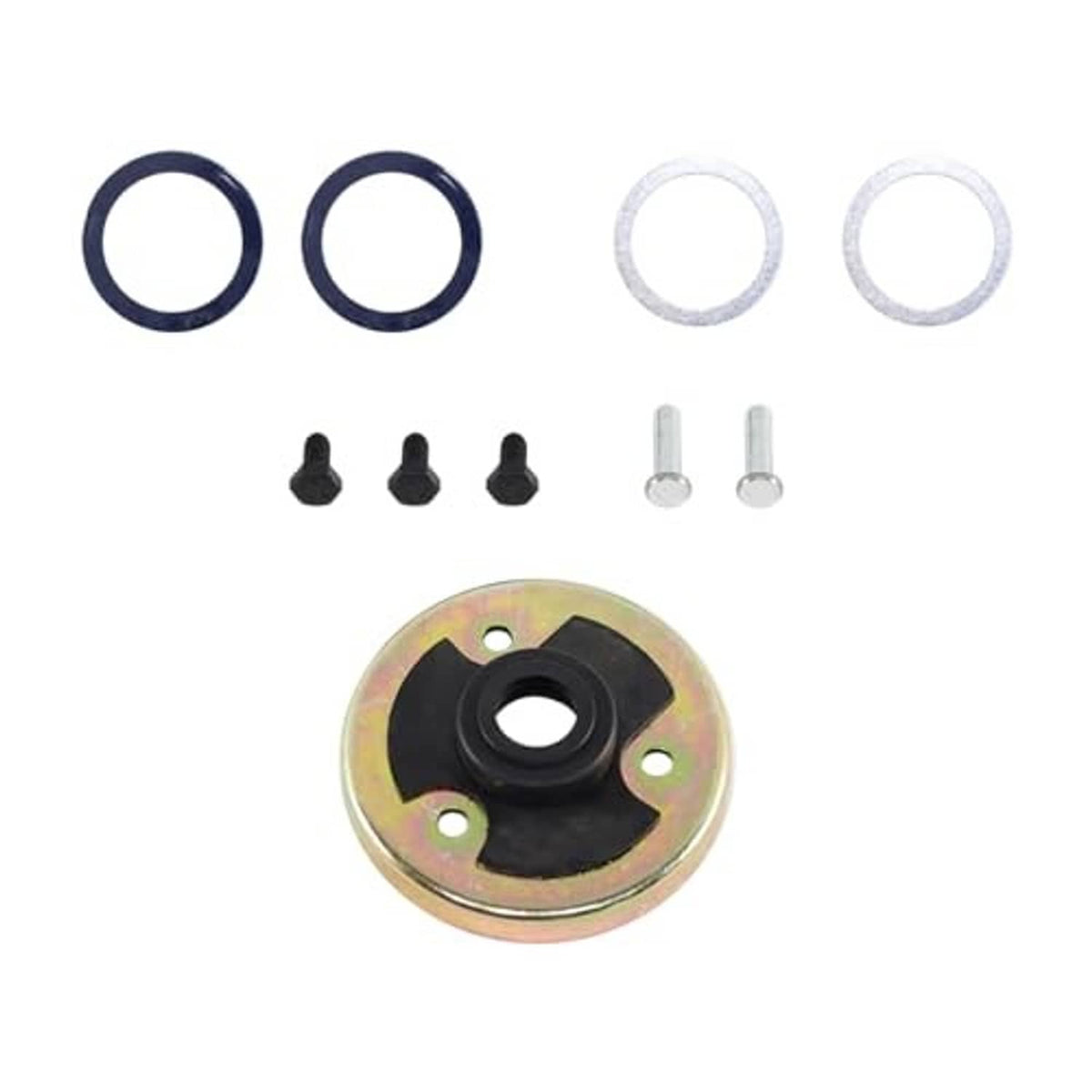 Manual shift re-build kit: steel plate with black bushing, blue rings, seals, and bolts