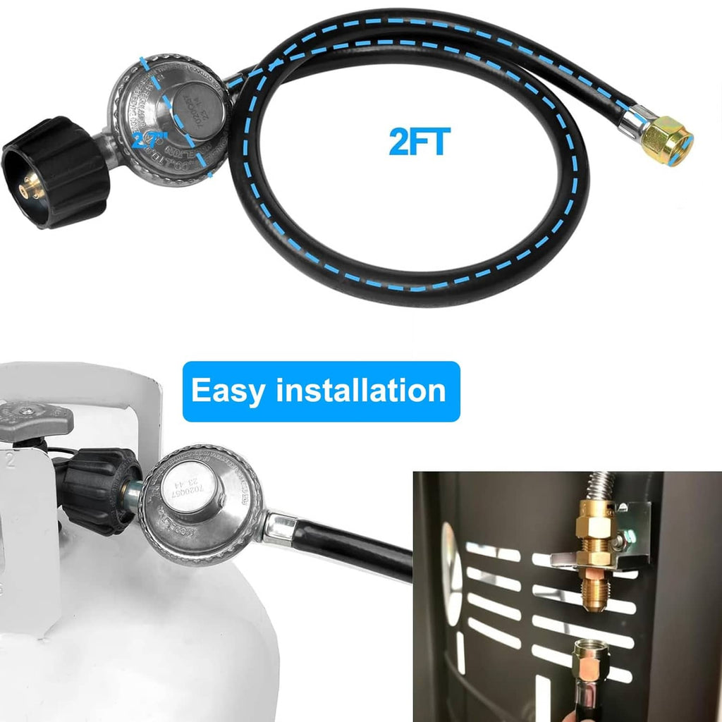 2-ft propane regulator hose with black lines, brass connector, and black knob end
