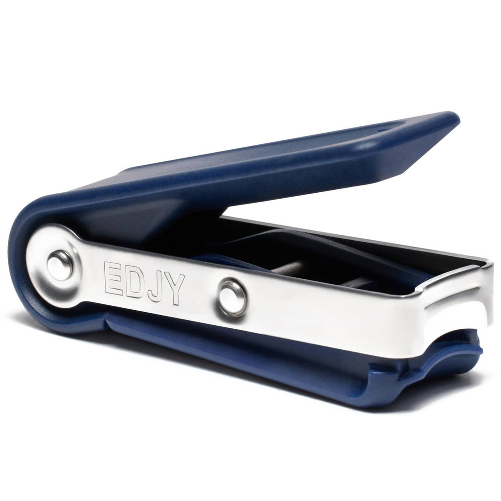 Navy stainless steel fingernail cutter with safety lever and protective cap