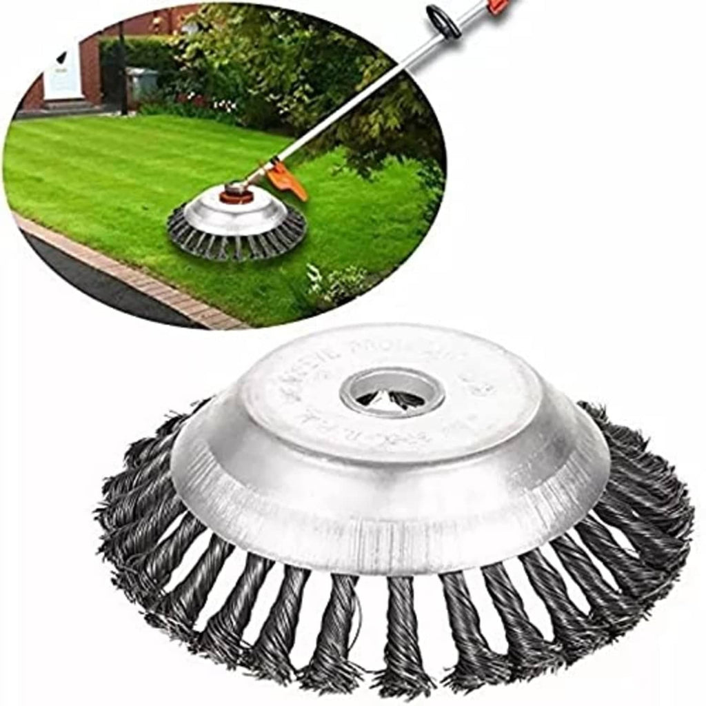 Wire weed brush trimmer head with silver metal plate and twisted steel bristles