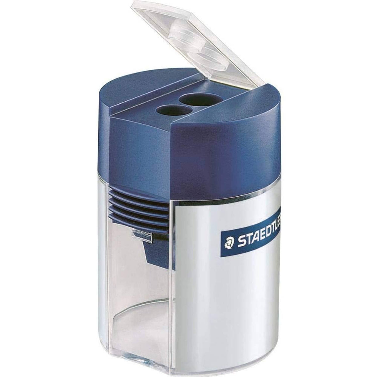 Staedtler double-hole pencil sharpener with blue top and clear shavings container