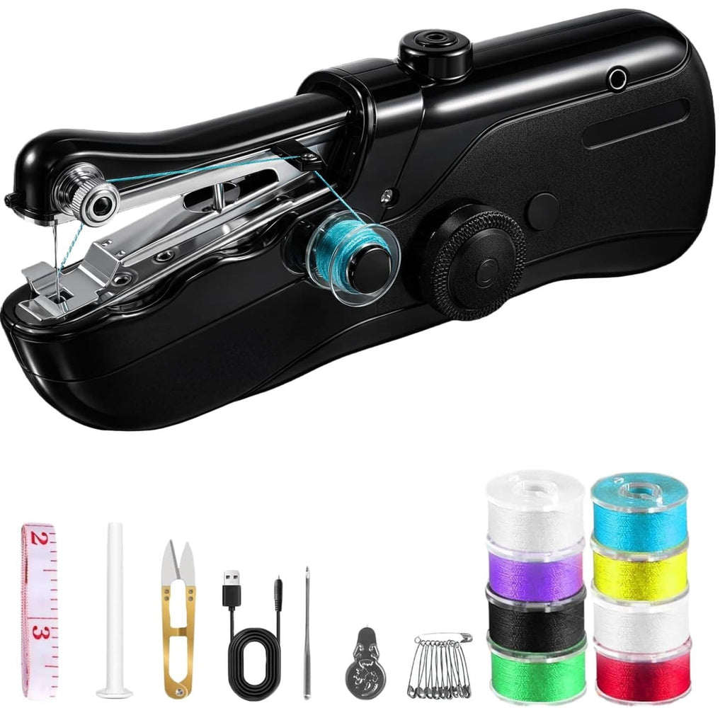 Black portable handheld sewing machine with metal needle and spool housing, compact body