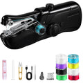 Black portable handheld sewing machine with metal needle and spool housing, compact body