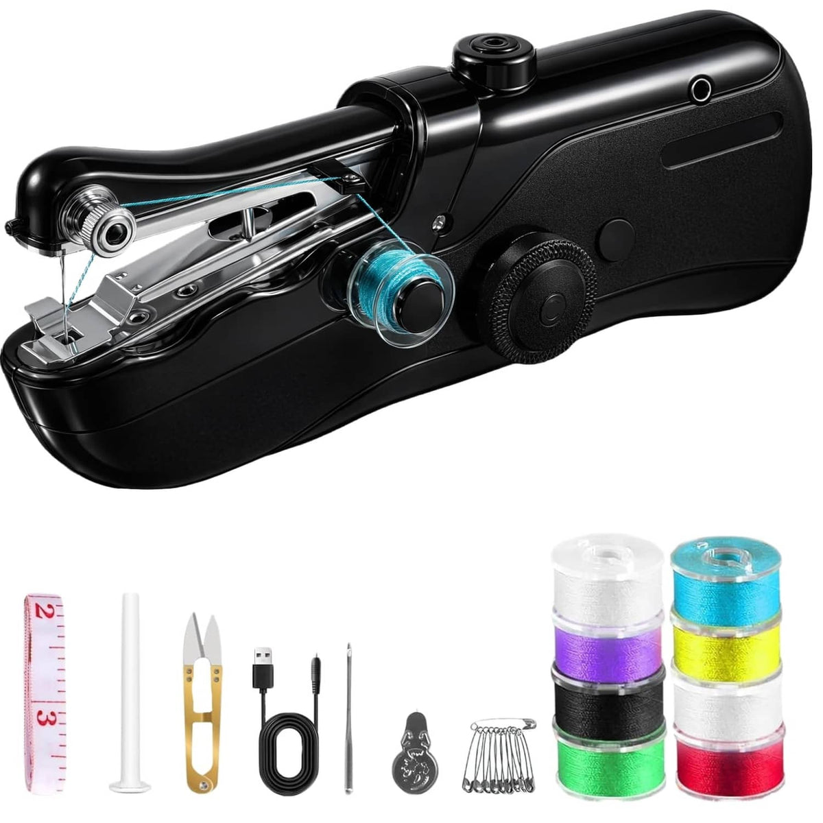 Black portable handheld sewing machine with metal needle and spool housing, compact body