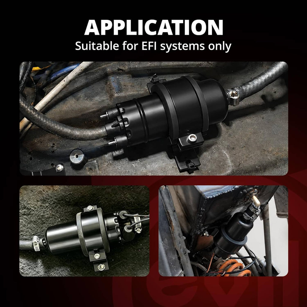 Black EVIL ENERGY electric fuel pump installed with fuel hoses in an engine bay