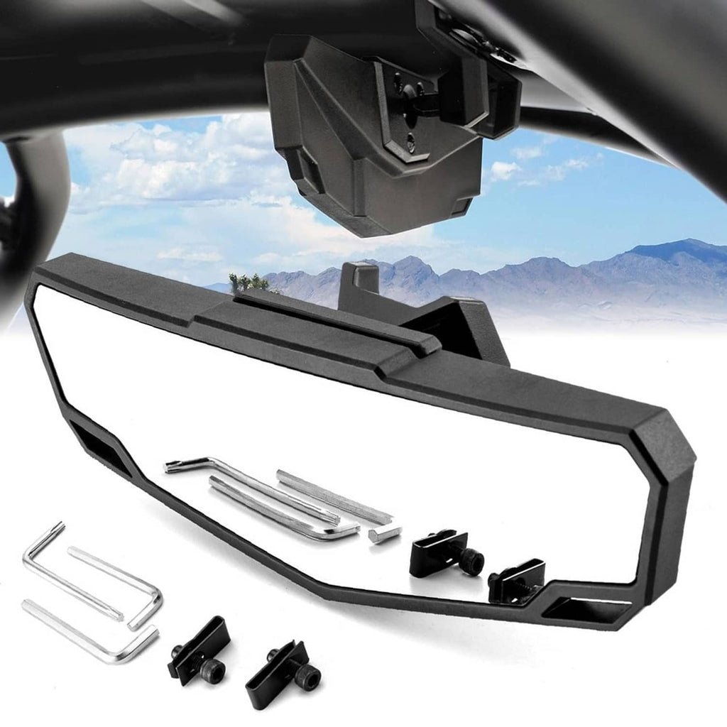 Black UTV rear-view mirror with mount and included installation tools