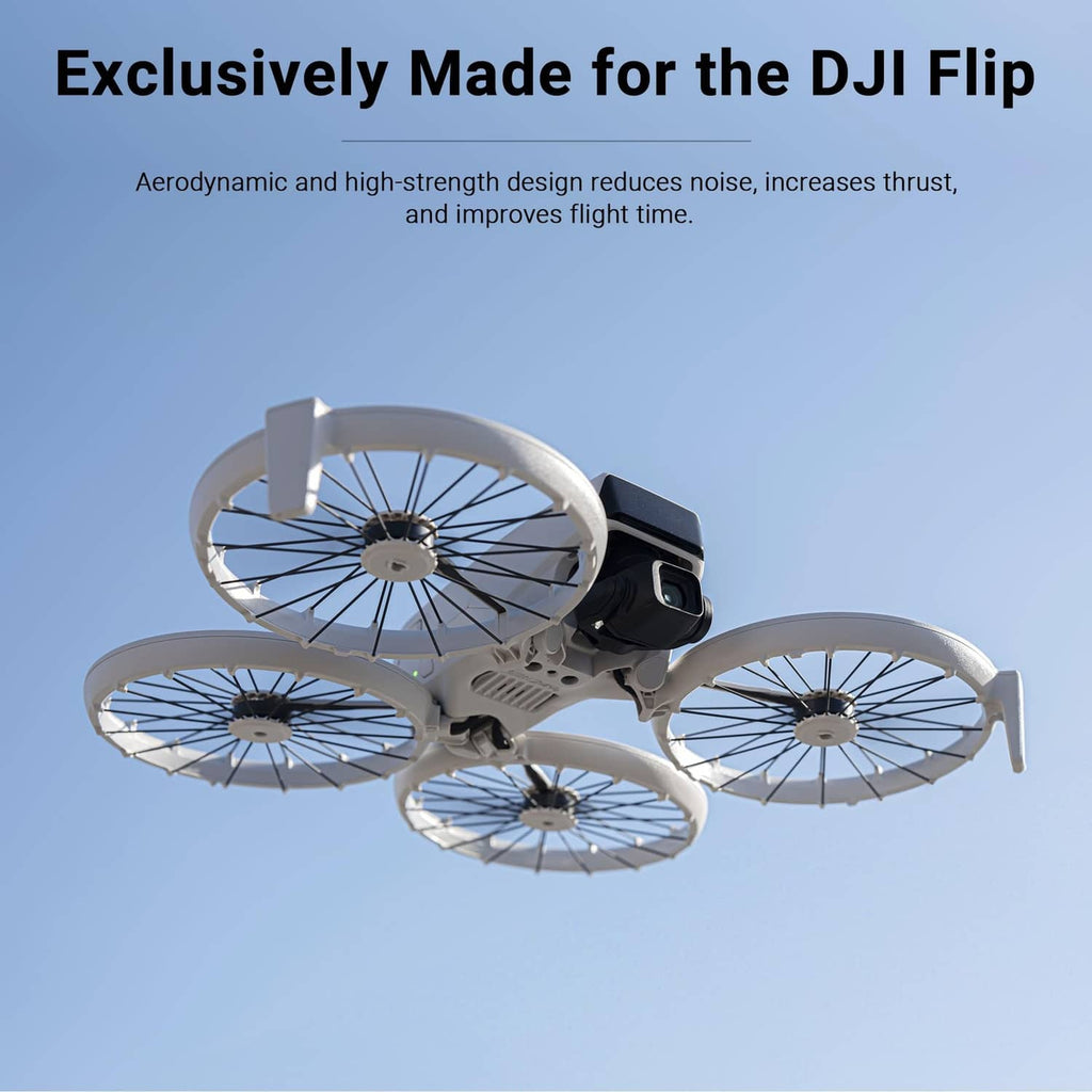 DJI Flip drone with gray propellers installed, showing replacement blade design