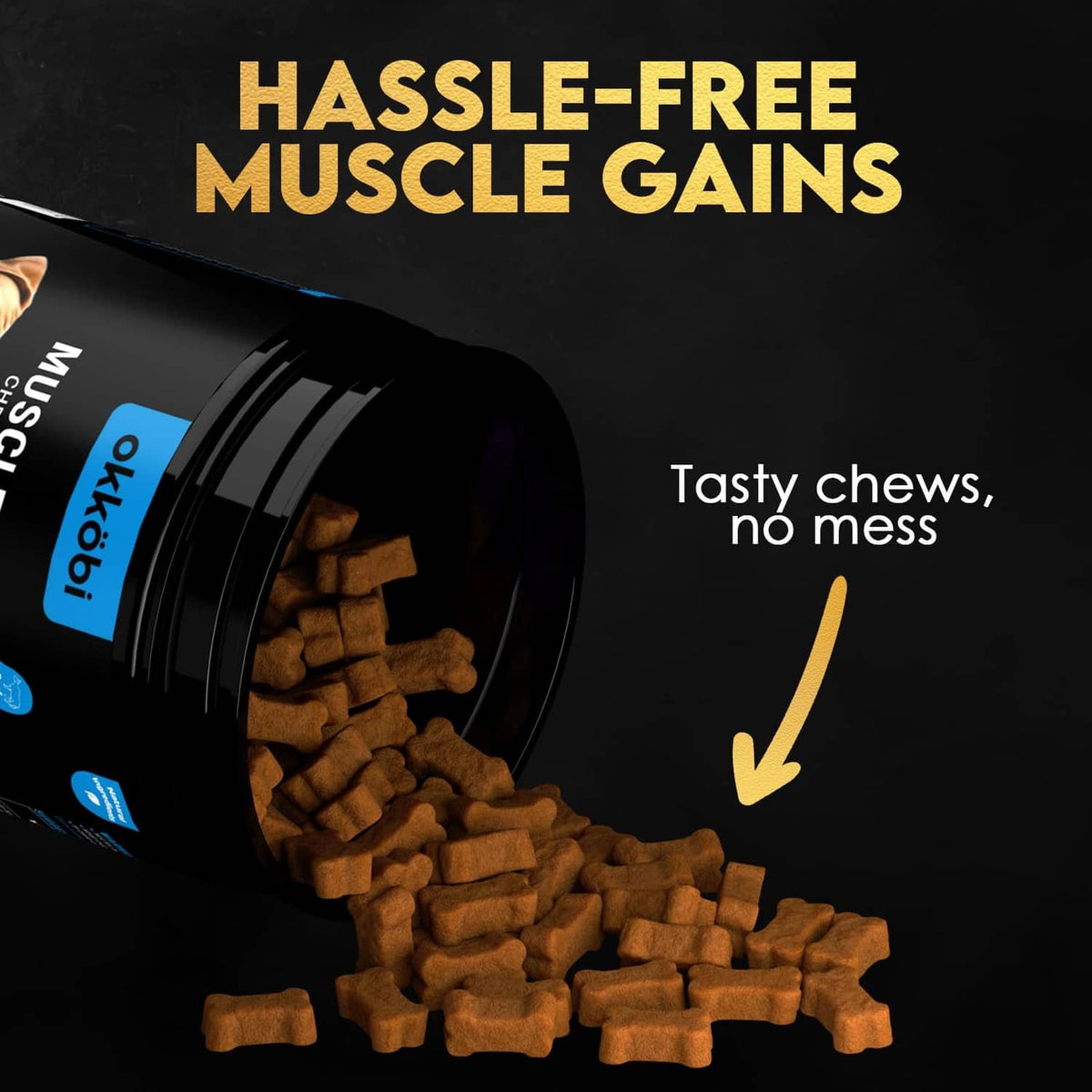 Dog chew pieces spilling from black supplement container, hassle-free muscle gains