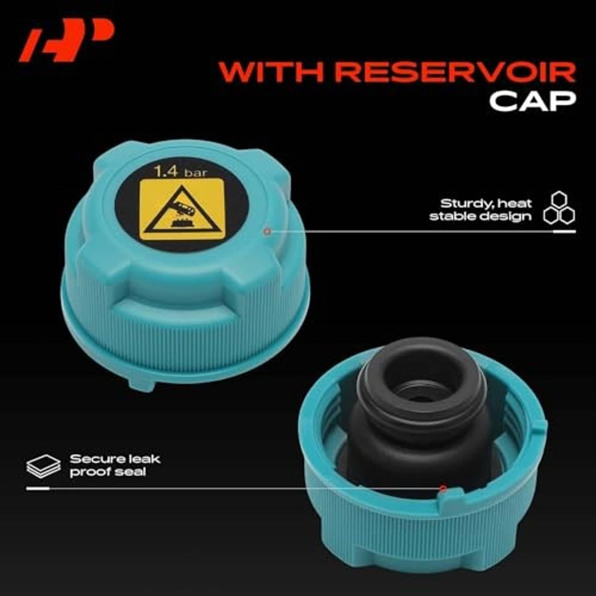 Coolant overflow reservoir with teal cap and white tank reservoir cap assembly