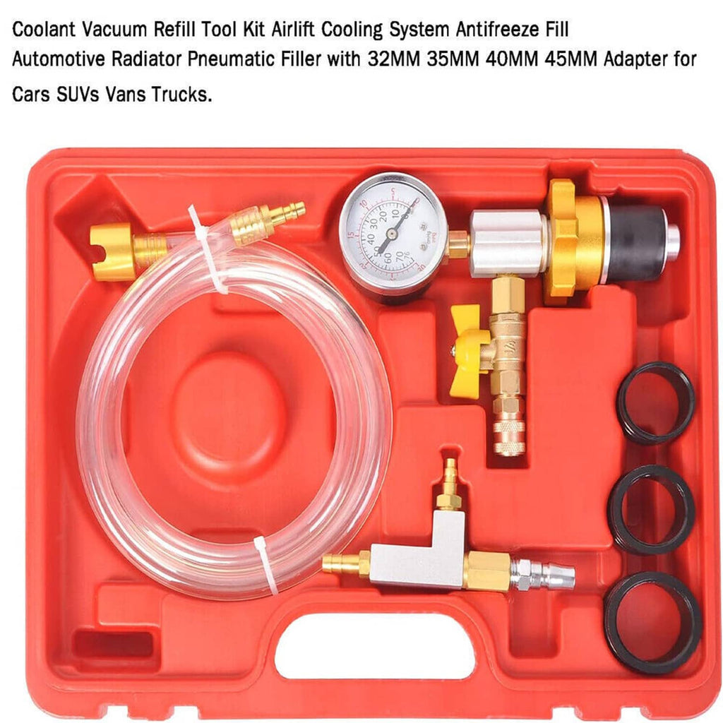 Coolant vacuum refill tool kit with clear refill hose, gauge, and brass connectors in red case