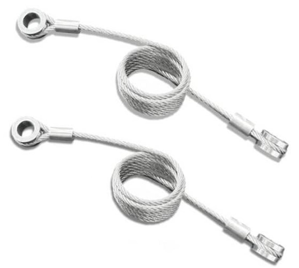 Braided steel hood restraint cable with two ring eyelets and metal end clips