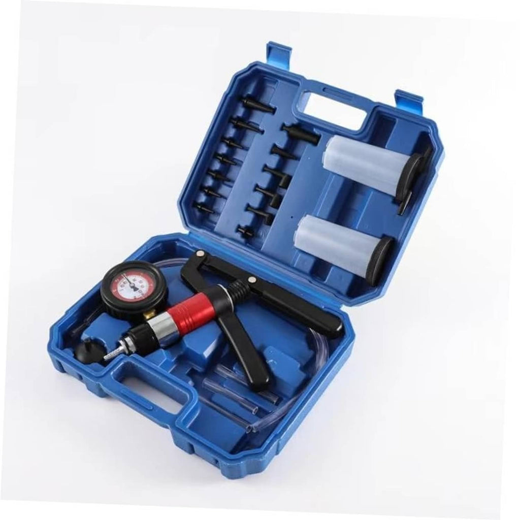 Blue plastic brake bleeder kit case with red-and-black pump and round pressure gauge