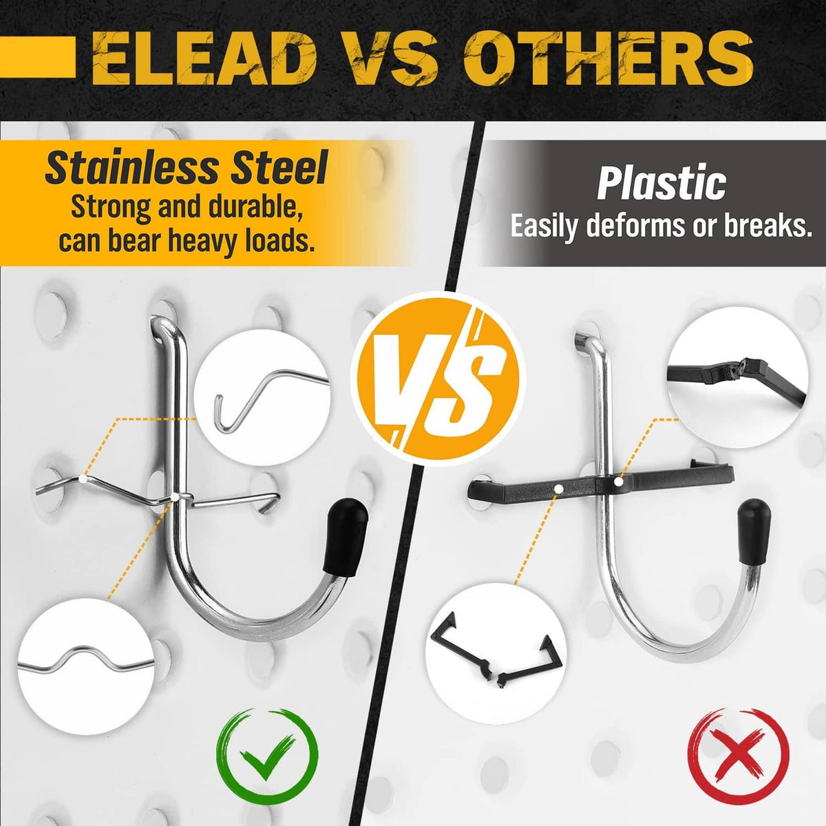 Stainless steel pegboard hook vs plastic hook comparison graphic