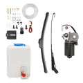 Electric windshield wiper motor kit with motor, wiper arms, reservoir, wiring, and mounting parts