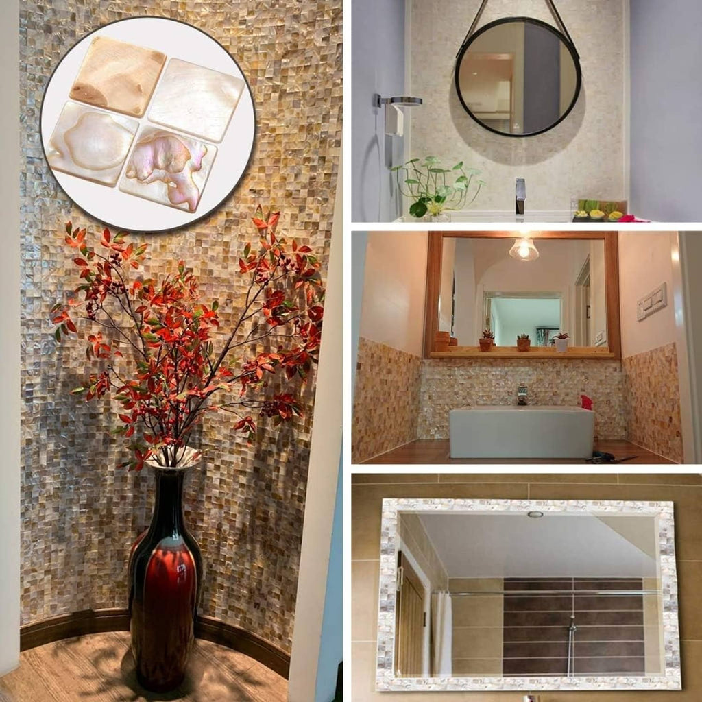Mother-of-pearl mosaic tile wall and vanity backsplash with iridescent squares