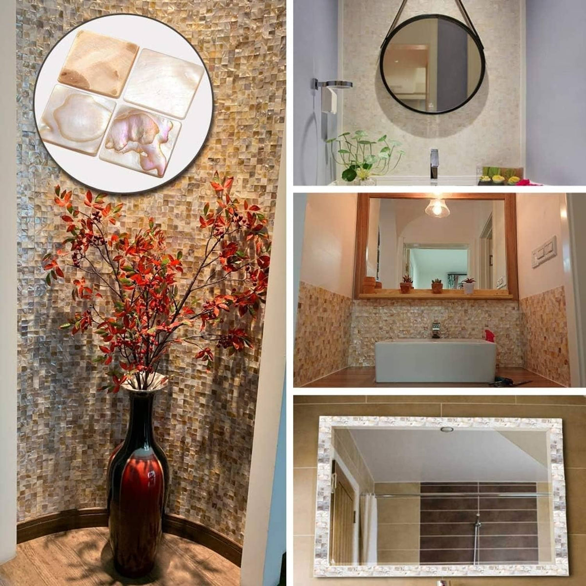 Mother-of-pearl mosaic tile wall and vanity backsplash with iridescent squares