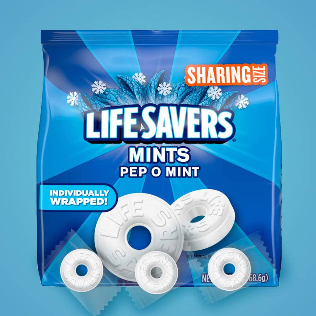 Lifesavers Pep O Mint mints bag showing individually wrapped mints and 13 oz text