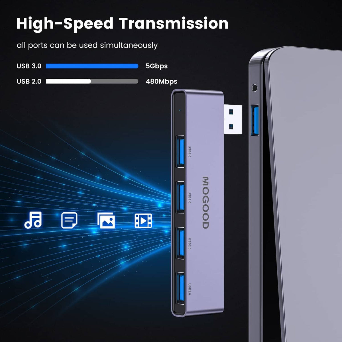 Slim MOGOOD grey USB hub with blue USB ports and a USB plug on the side