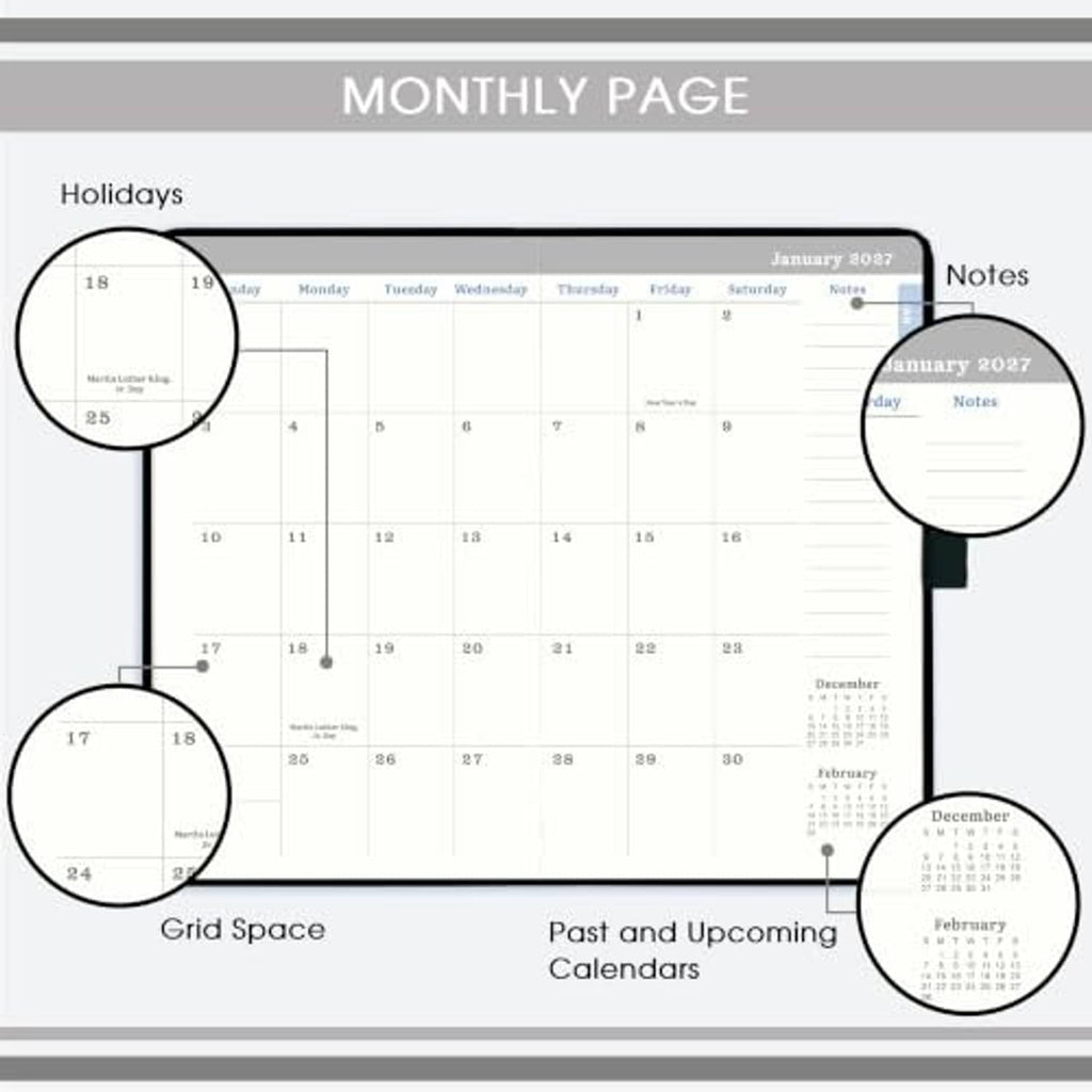 Monthly calendar page layout with notes and highlighted days in a weekly & monthly planner