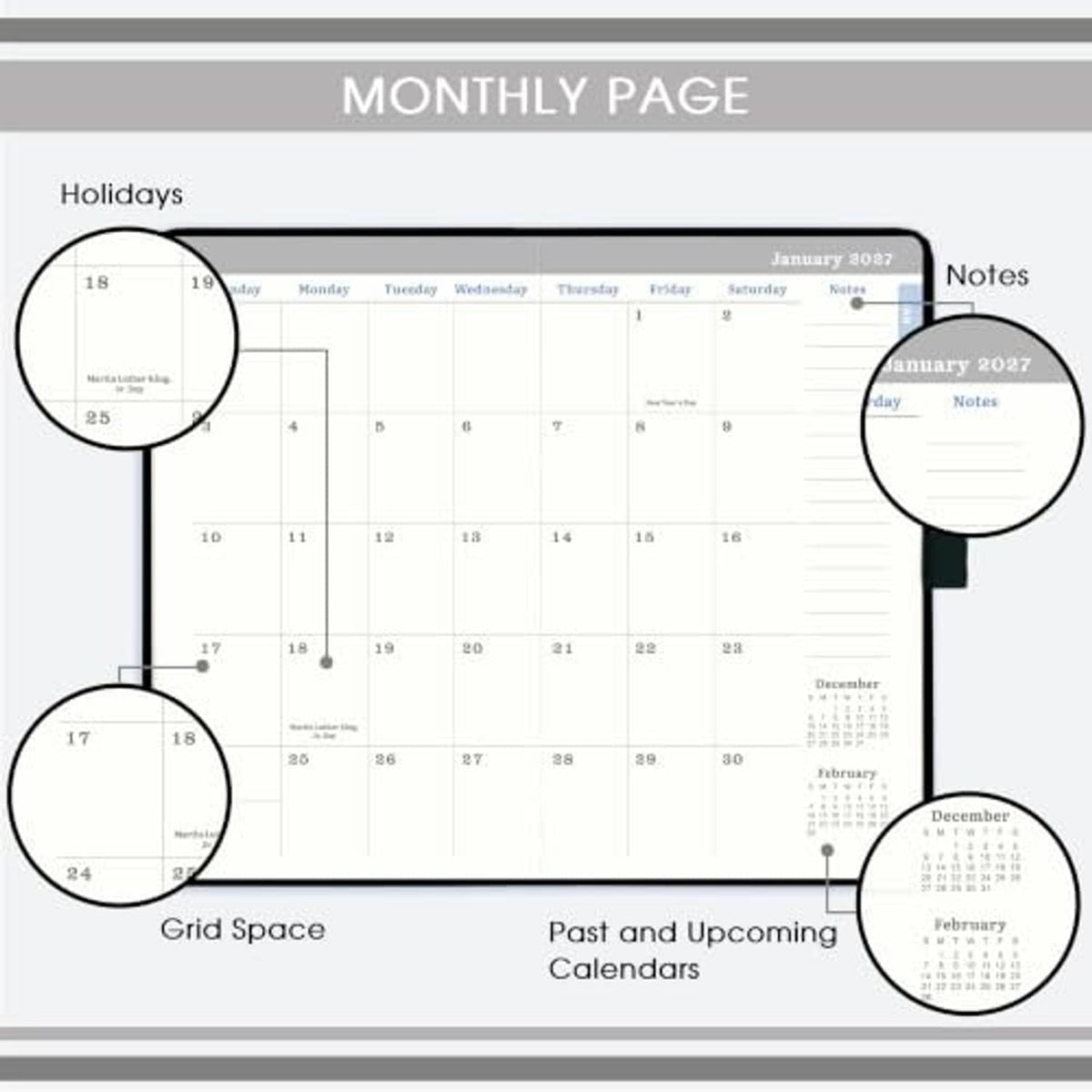 Monthly calendar page layout with notes and highlighted days in a weekly & monthly planner
