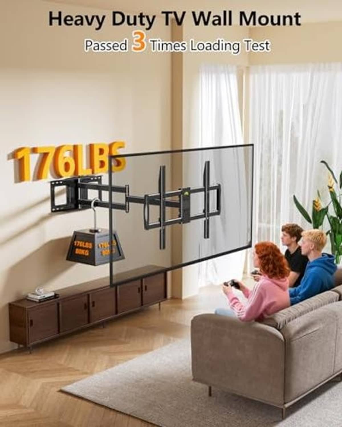 Full-motion TV wall mount extending from the wall for flexible TV viewing