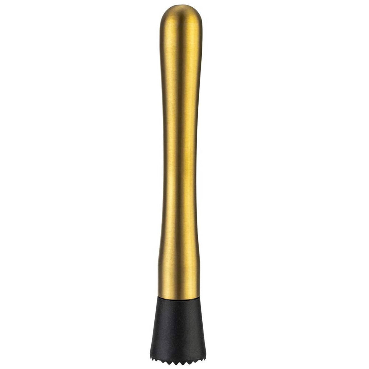 Gold stainless steel cocktail muddler with black textured rubber base