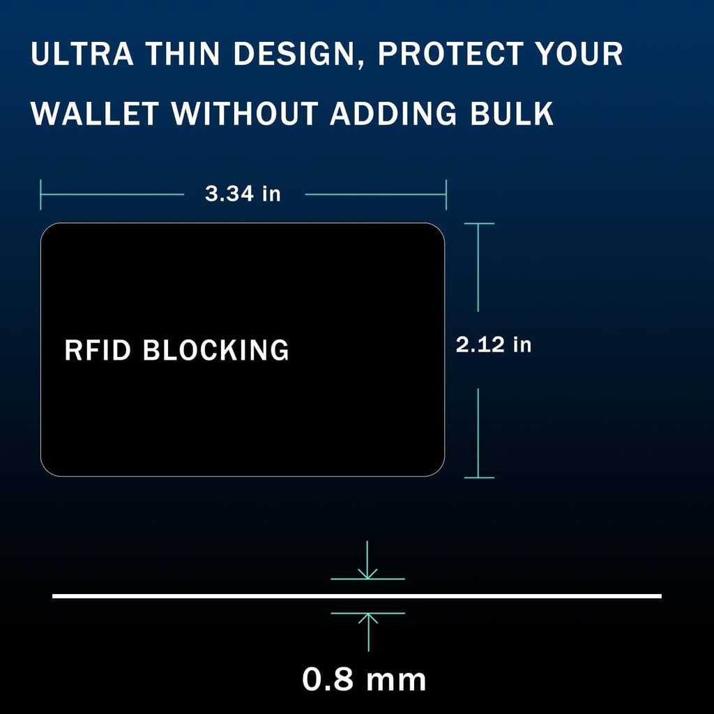Ultra-thin black RFID blocking card with size dimensions shown
