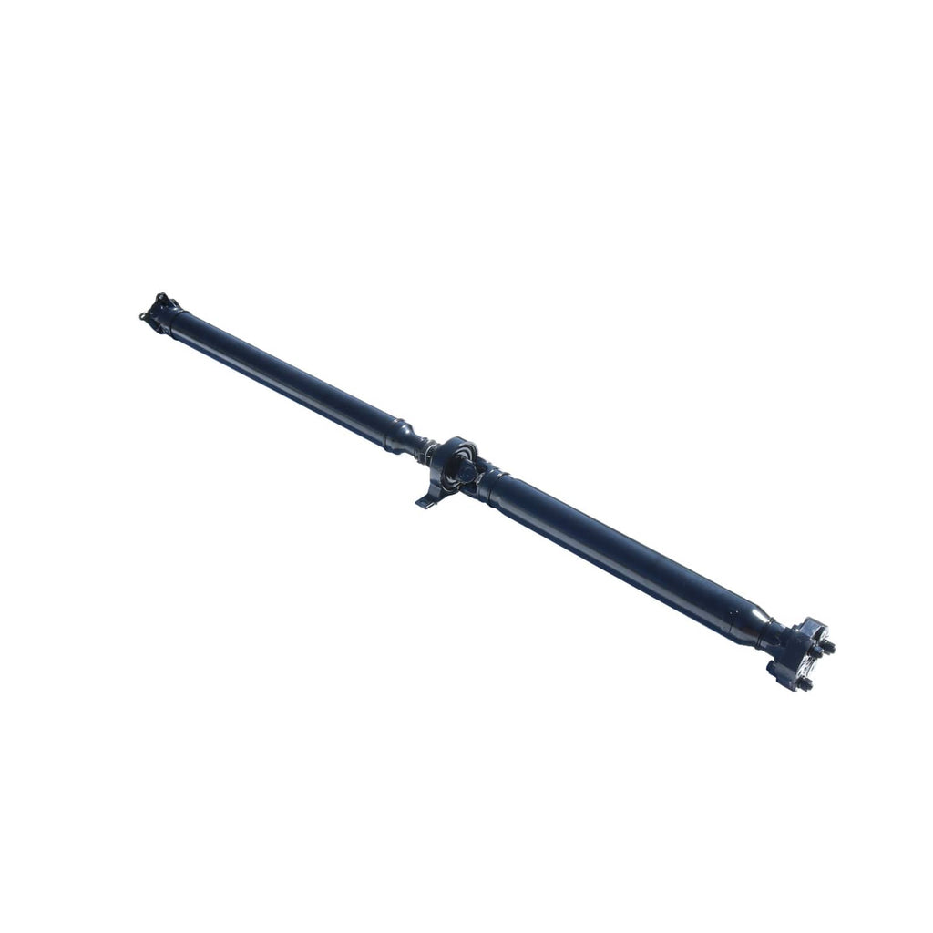 Rear prop shaft assembly, long dark blue metal tube with U-joint connections