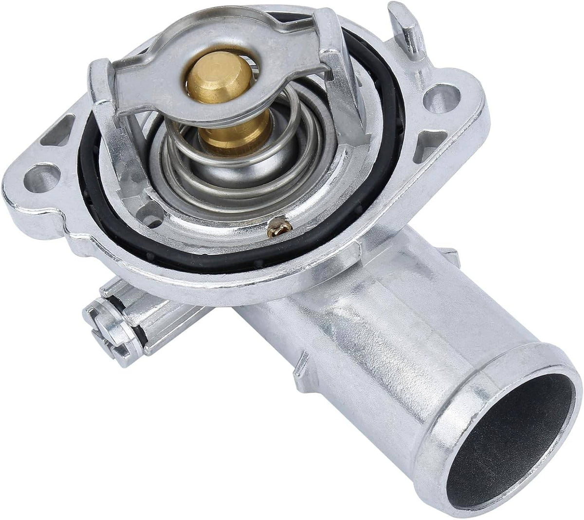 Aluminum coolant thermostat housing with spring, valve, and outlet pipe, metallic silver