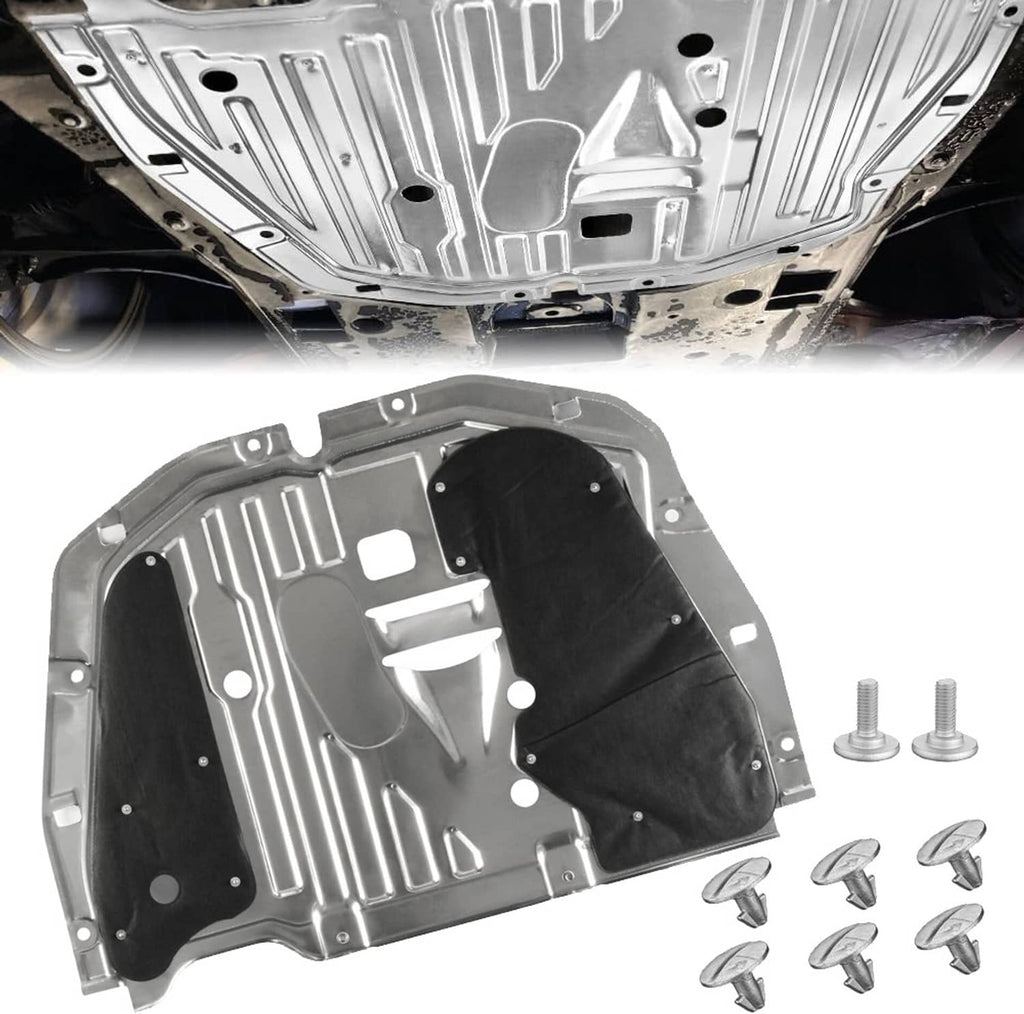 Silver engine splash guard shield panel with mounting holes and included screws