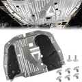Silver engine splash guard shield panel with mounting holes and included screws