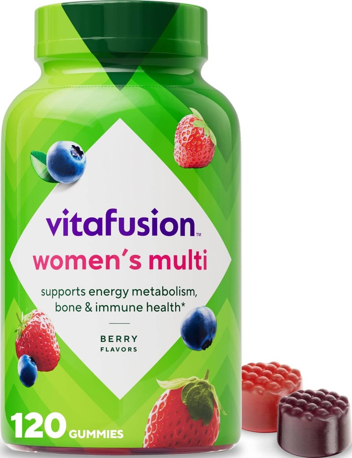 Vitafusion women's multivitamin gummy bottle, green with berry flavor icons and 120 count