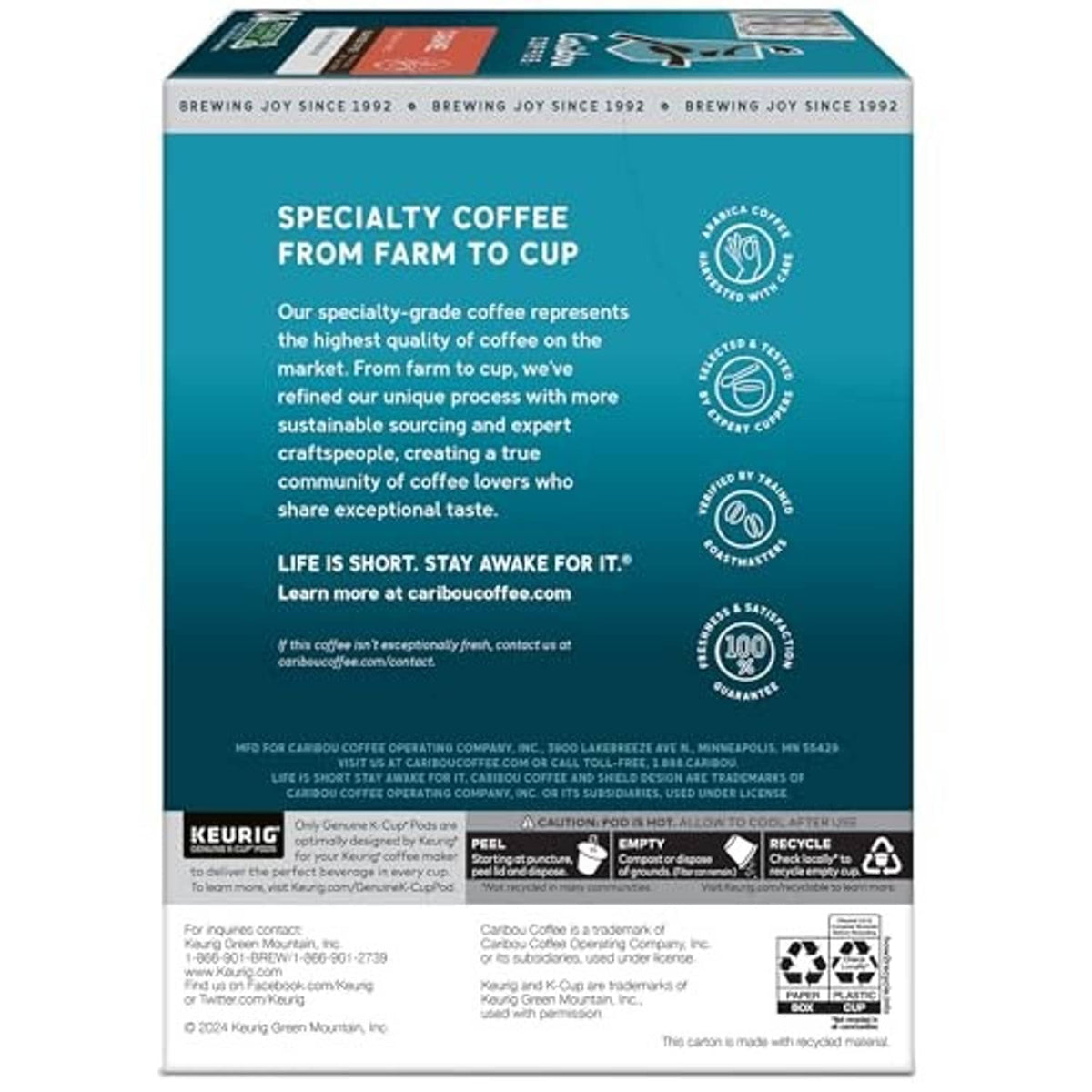 Back of caramel flavored K-Cup box with specialty coffee and recycling details